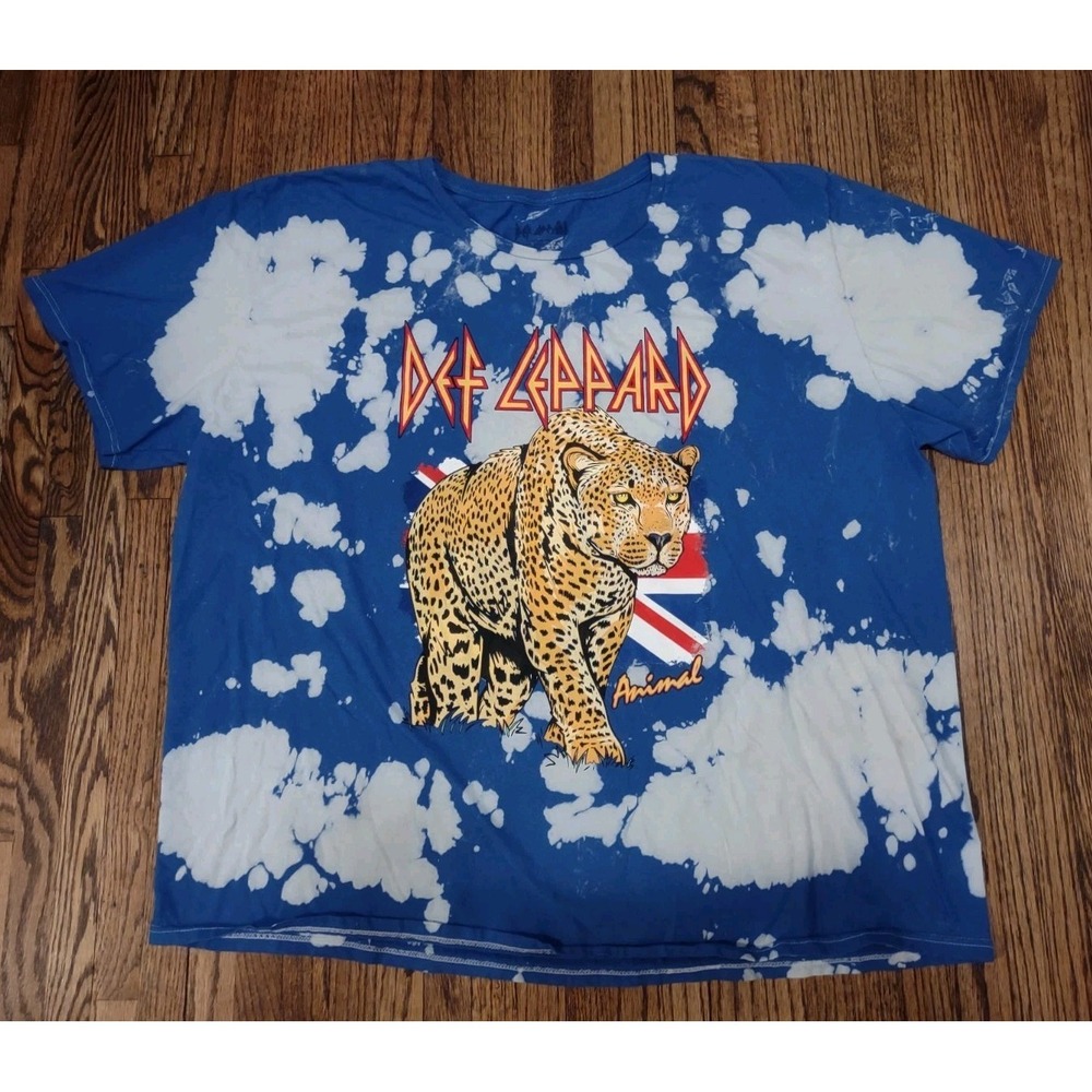 Def Leppard Animal Bleach Tie Dye Graphic T Shirt 2XL Blue Rock Band Union Jack